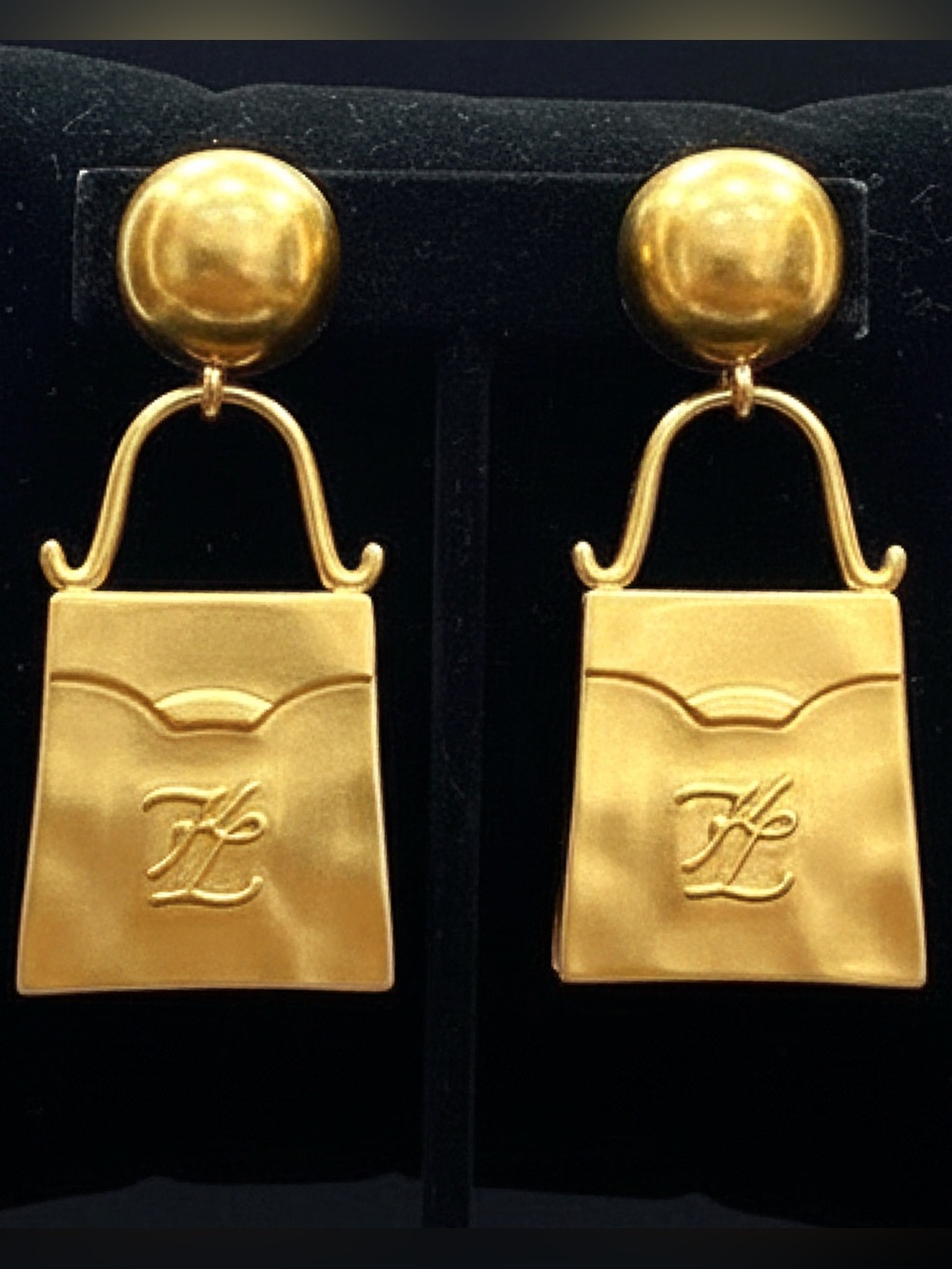 KARL LAGERFELD Gold Handbag Earrings✨STUNNING ✨Dangle Drop CLIP-ON